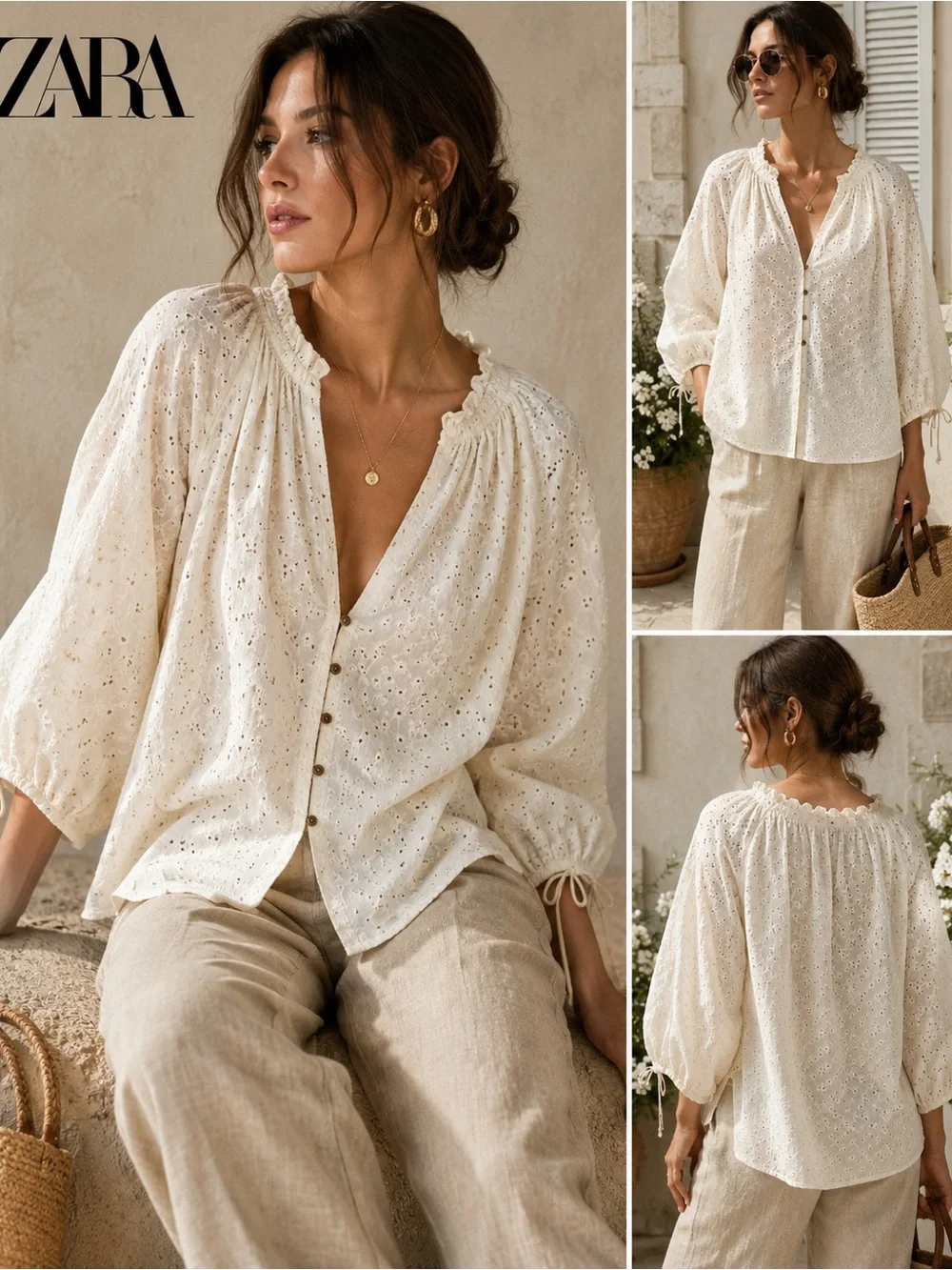 Zara Ivory Eyelet Embroidered Blouse L Cotton Boho Puff Sleeve Button Front C8